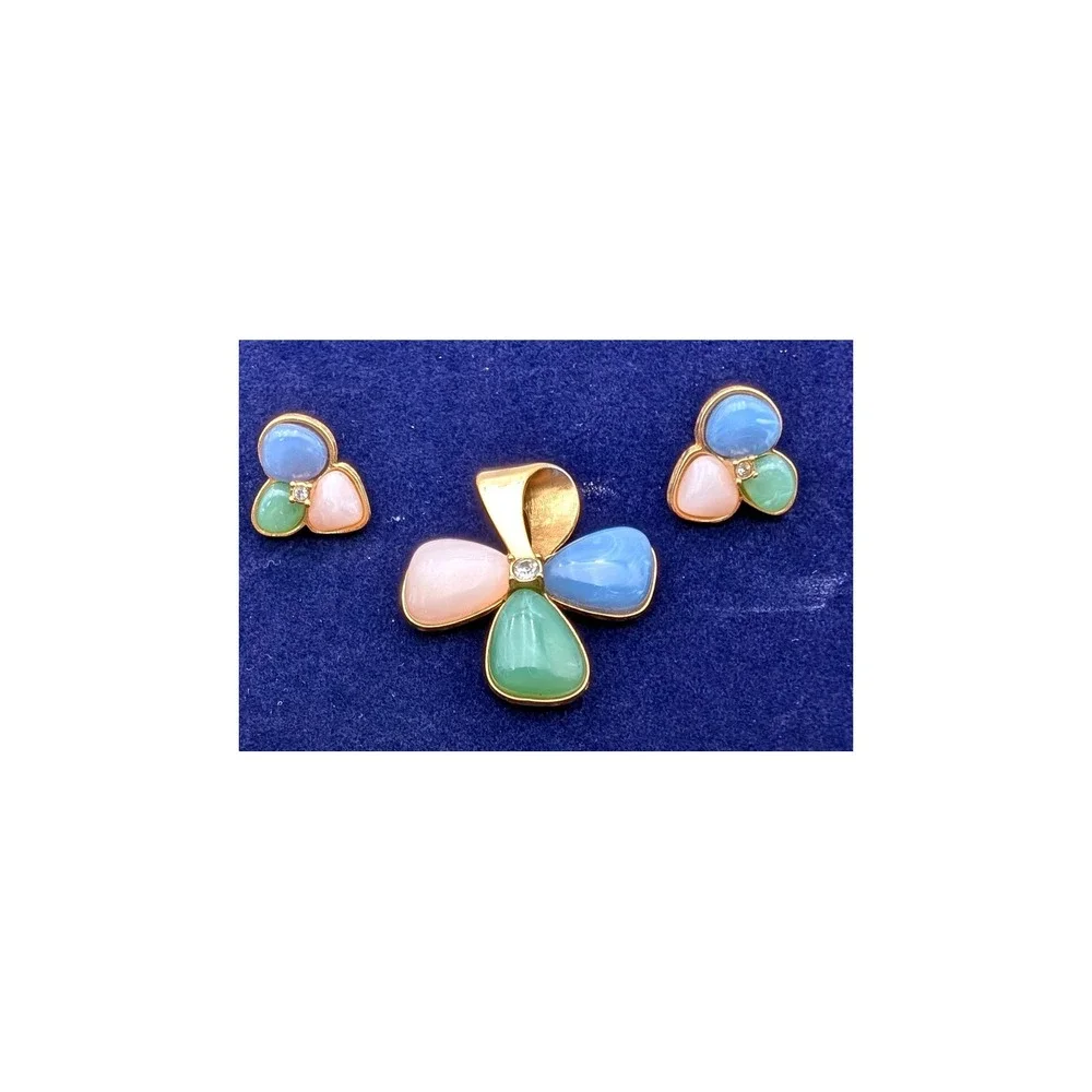 Vintage Avon Pastel Cabochon Flower Pendant Earrings Set Gold Tone Rhinestone